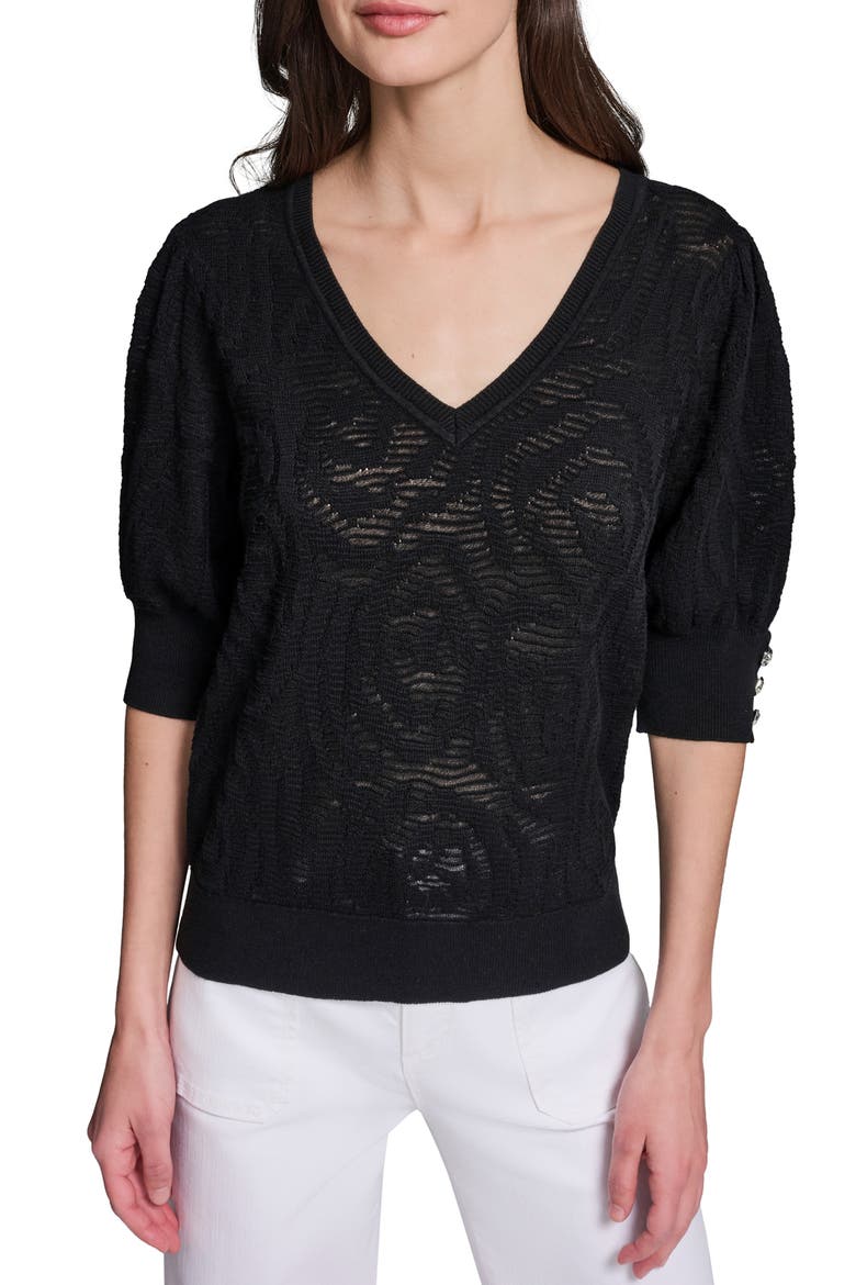 Floral Puff Sleeve Sweater, Main, color, BLACK