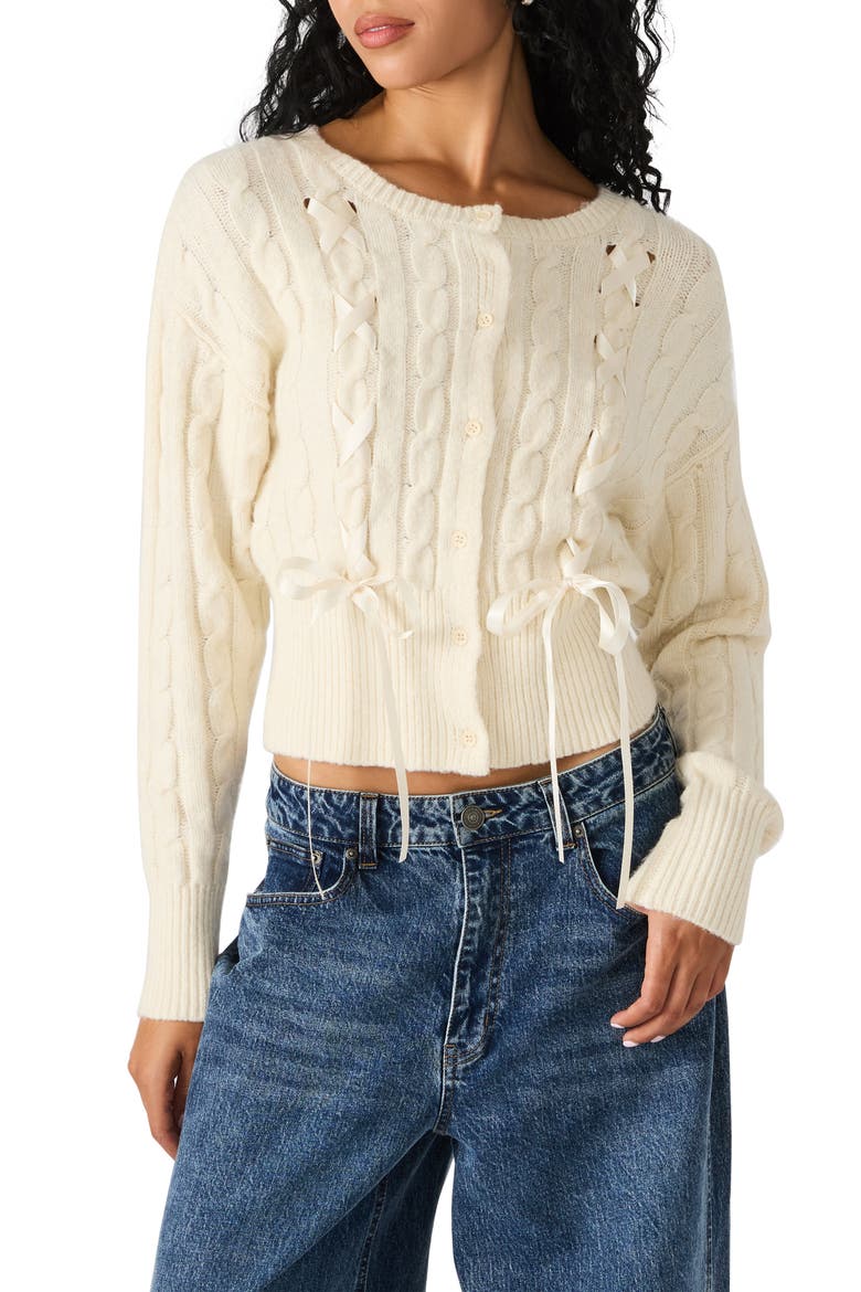 Saidee Ribbon Detail Cable Cardigan, Main, color, ANTIQUE WHITE
