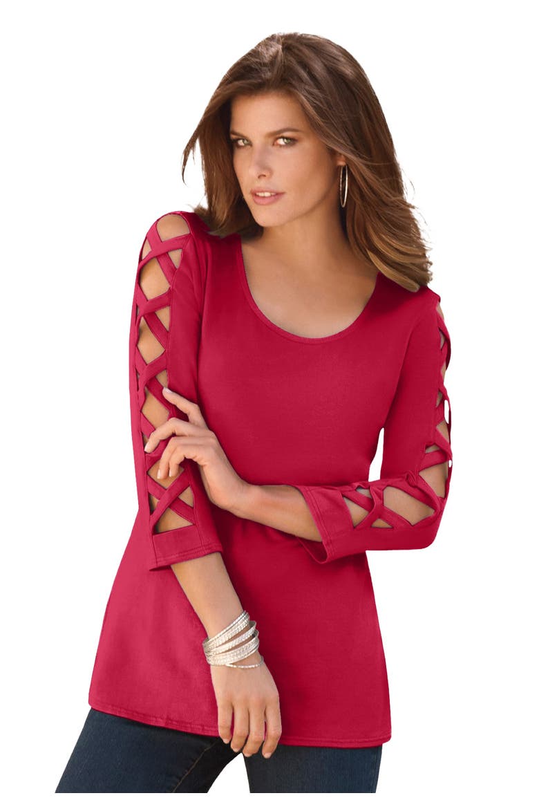 Plus Size Ultimate Lattice Sleeve Tee, Main, color, CLASSIC RED