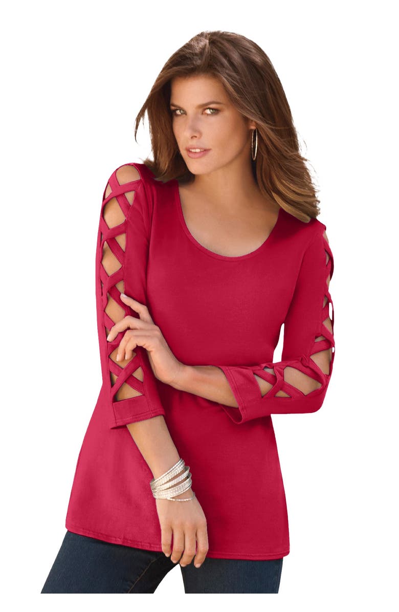 Roaman's Ultimate Lattice Sleeve Tee, Main, color, Classic Red