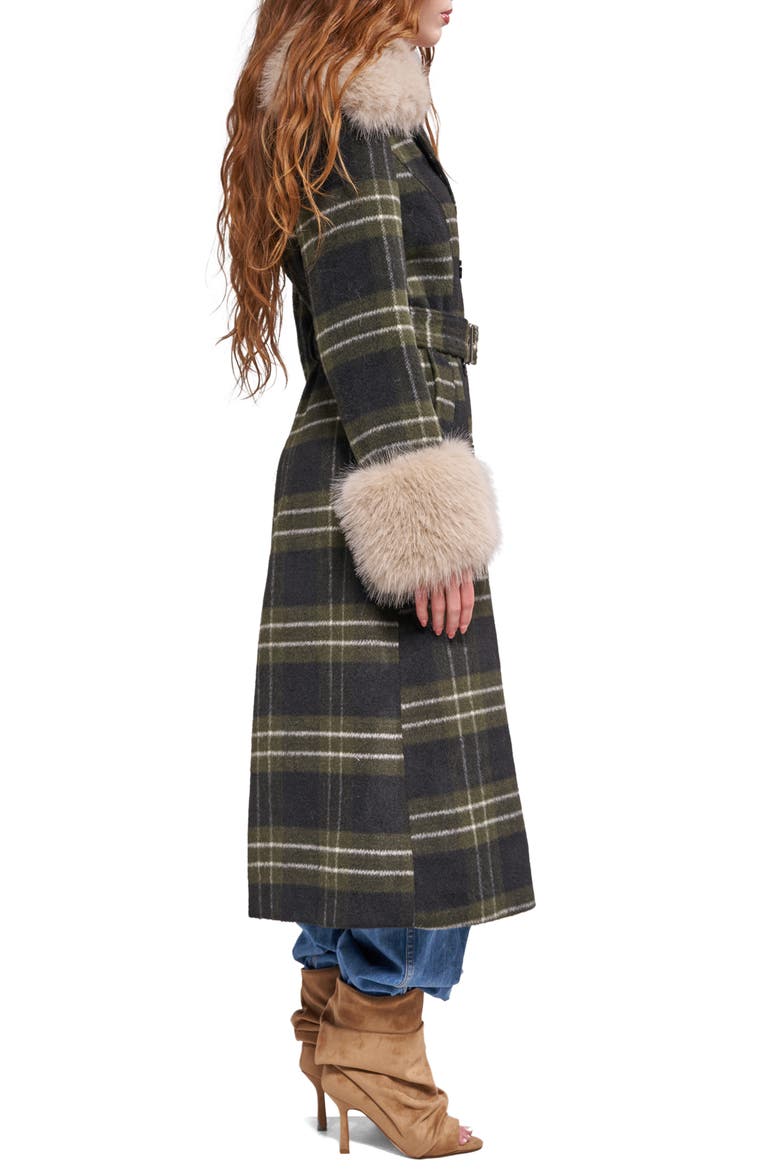 Avenna Plaid Faux Fur Trim Trench Coat, Alternate, color, GREEN MULTI