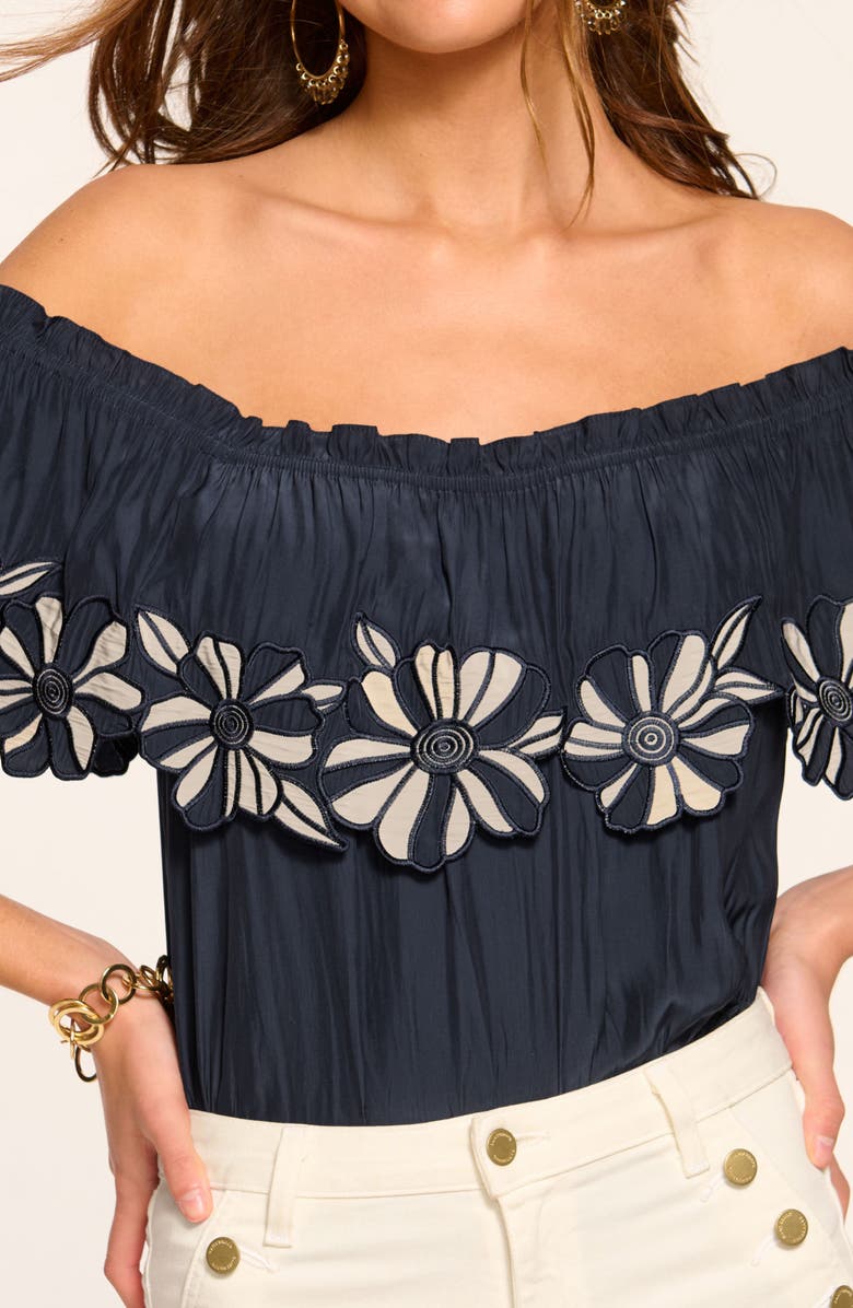 Ramy Brook Terri Embroidered Floral Ruffle Off the Shoulder Top, Alternate, color, Navy
