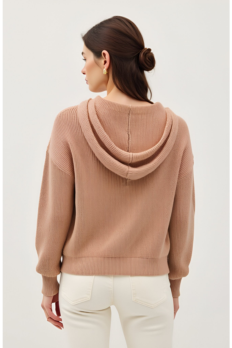 Knit Button Front Hoodie with Ribbed Hem and Drop Shoulders, Alternate, color, Light Beige