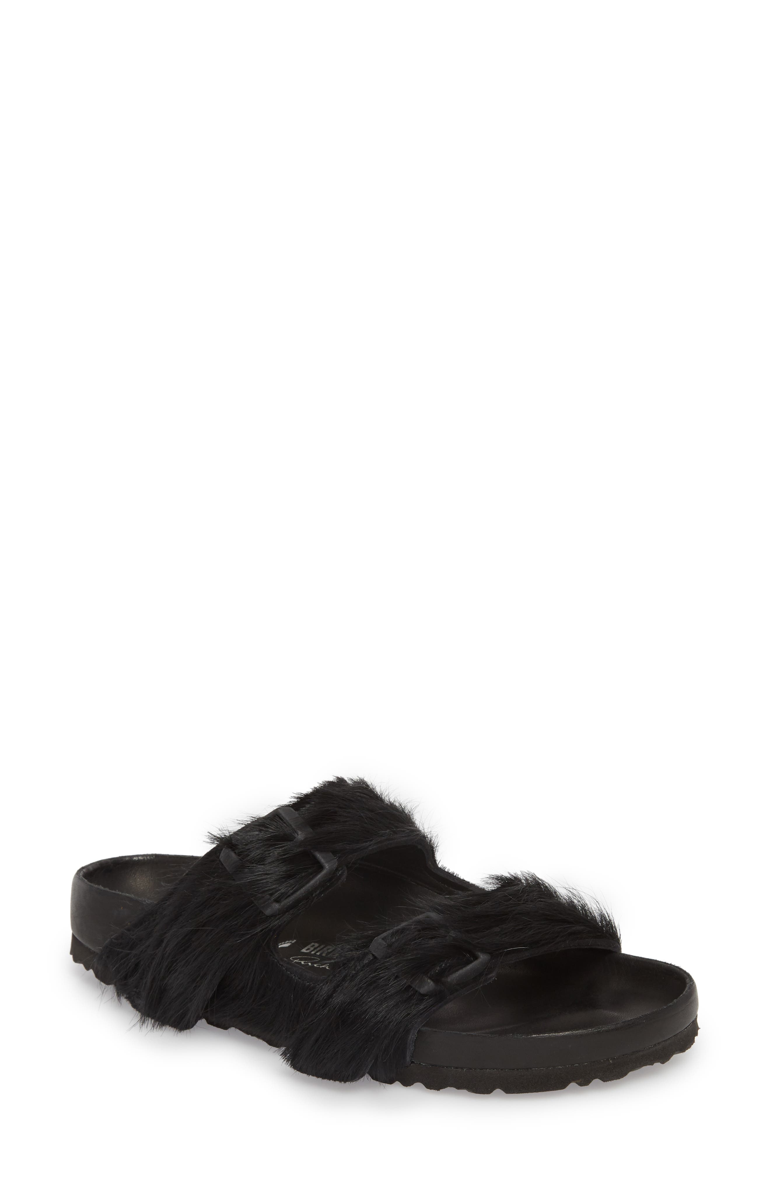 Birkenstock x Rick Owens Arizona Genuine Calf Hair Slide Sandal, Main, color, BLACK