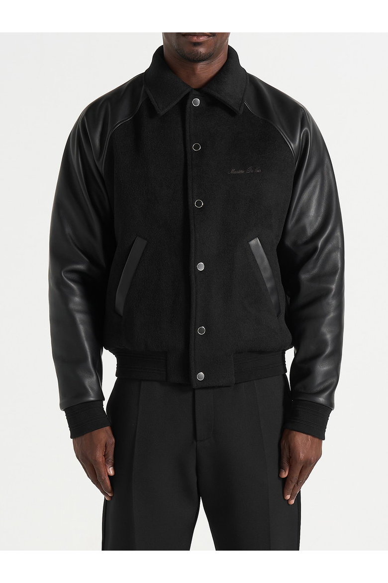 Olivier Wool & Leather Raglan Varsity Jacket, Alternate, color, Black