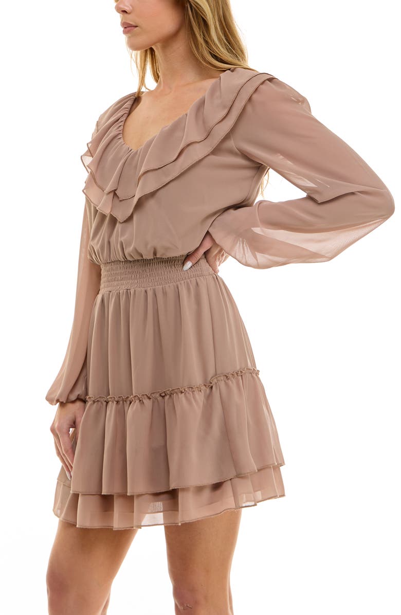 Socialite Long Sleeve Tiered Ruffle Minidress, Alternate, color, Mocha