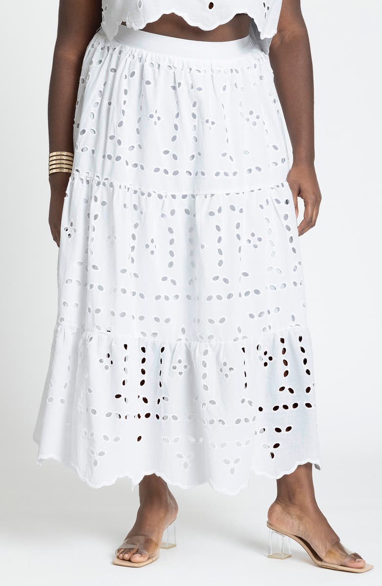ELOQUII Embroidered Eyelet Tiered Midi Skirt, Main, color, 