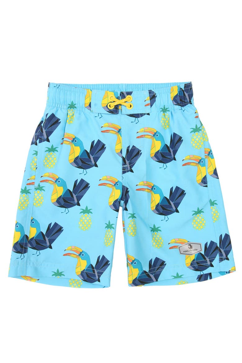 Kid's Swim Trunks with Mesh Lining and UPF 50+, Main, color, Geometric bird