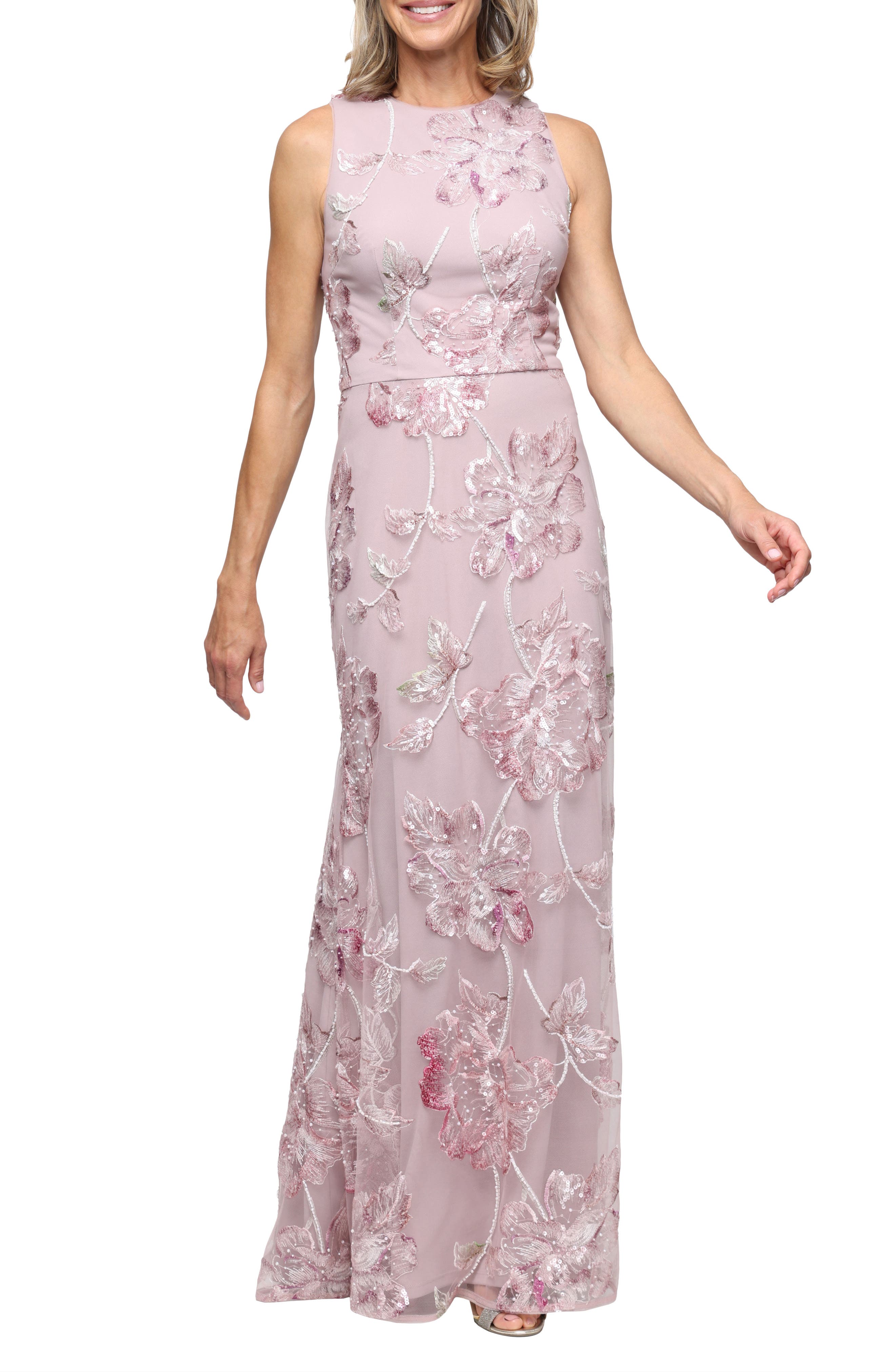Sequin Embroidered Mesh Column Gown