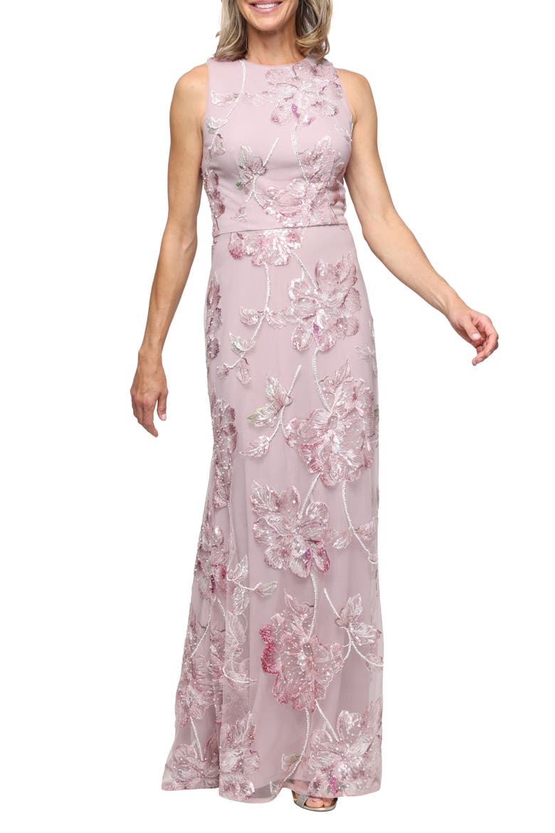 Sequin Embroidered Mesh Column Gown, Main, color, BLUSH