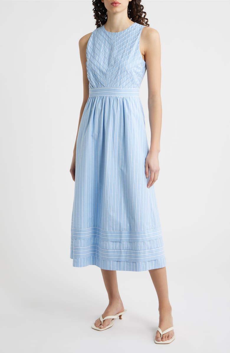 Eliza J Stripe Sleeveless Cotton Blend Midi Dress, Main, color, Blue White