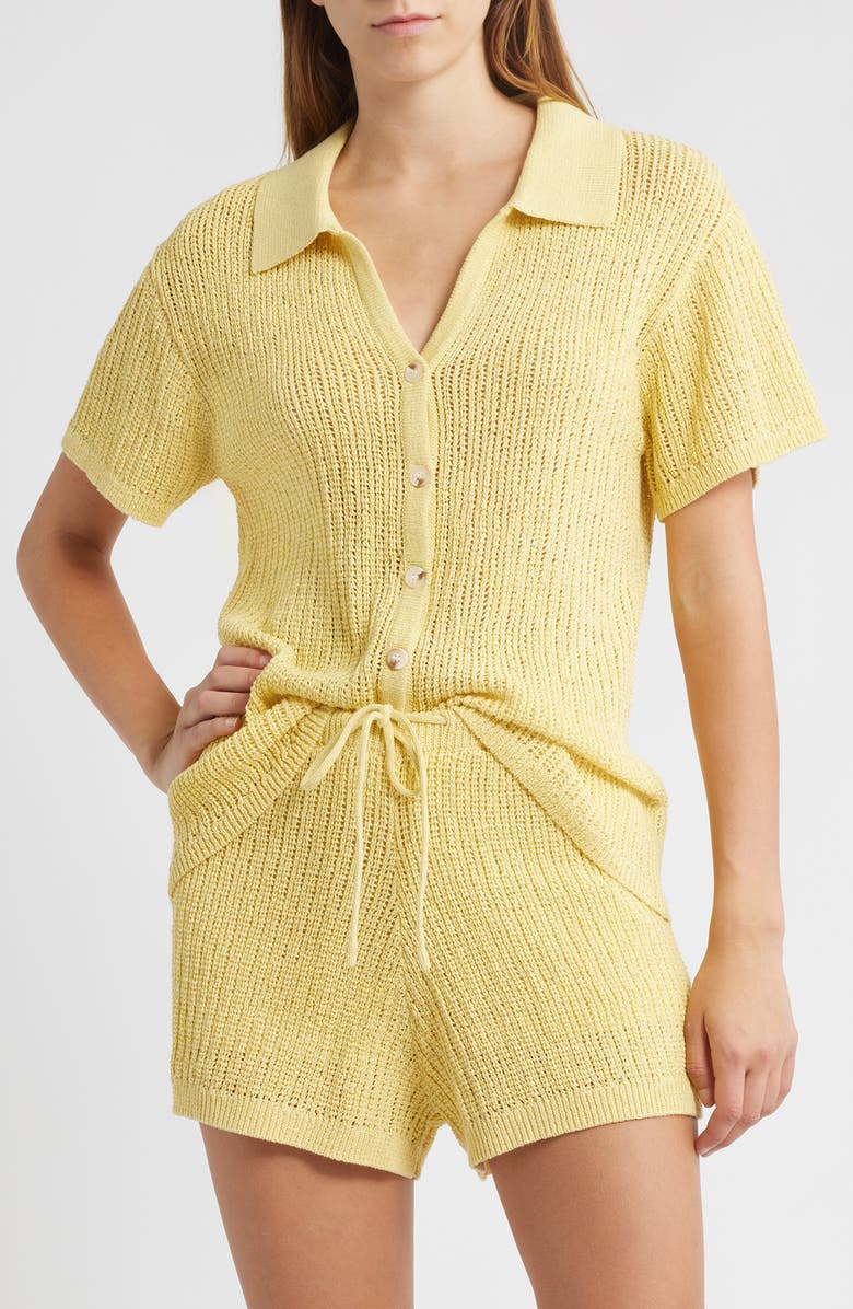 WAYF Sunny Open Stitch Button-Up Sweater, Main, color, Golden Yellow