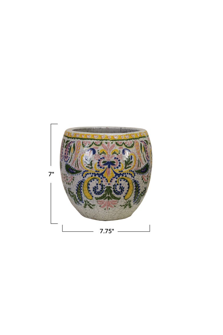 Large Terra-cotta Planter with Floral Pattern, Crackle Glaze, Multicolor, Alternate, color, Grey