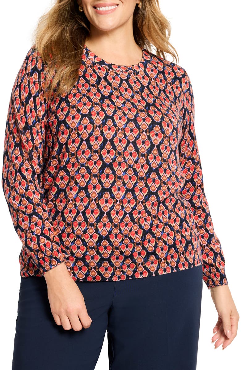 NIC+ZOE Harvest Ikat Pure Cotton Crewneck Sweater, Main, color, Red Multi