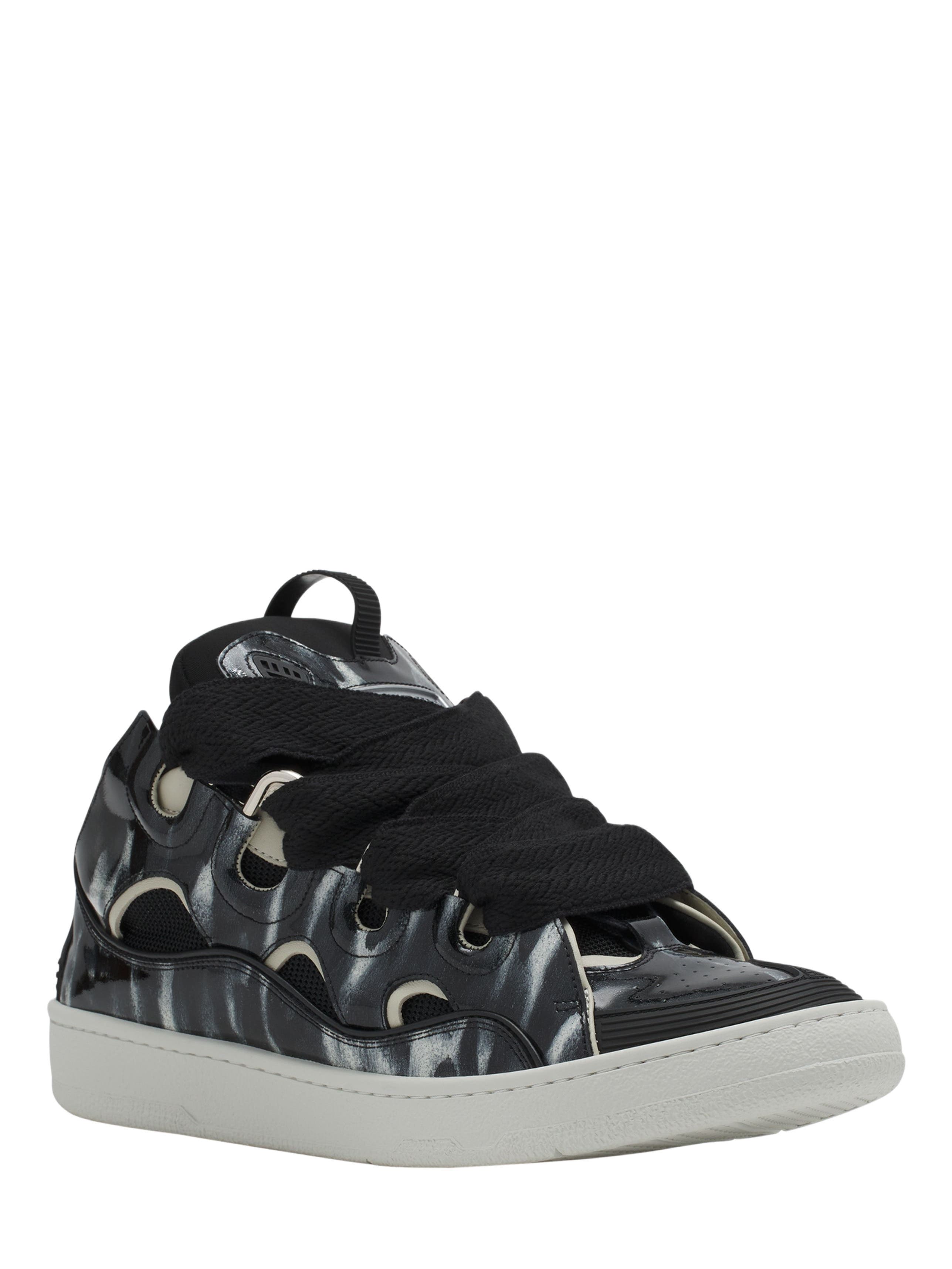 Lanvin Curb Leather Sneakers With Sparkles, Alternate, color, Black/White