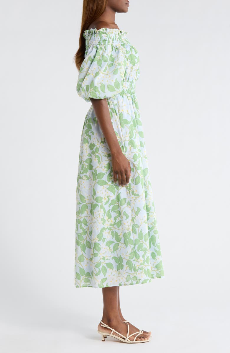 SUGARLIPS Kiany Floral Magna Town Off the Shoulder Cotton Midi Dress, Alternate, color, Light-Blue-Green
