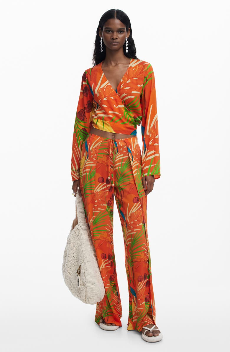 Desigual Long Sleeve Crop Wrap Top, Alternate, color, Orange