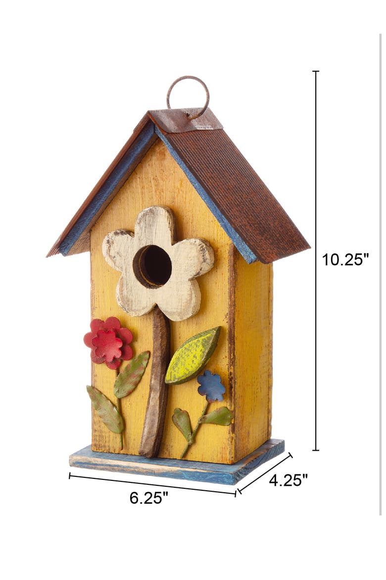 10"H Multicolor Cute Distressed Solid Wood Birdhouse with 3D Flowers, Alternate, color, Yellow