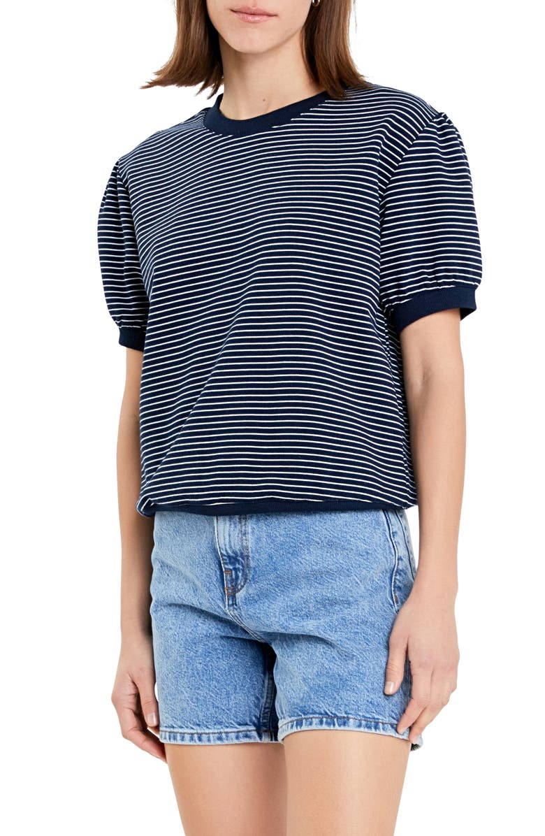 English Factory Stripe Puff Sleeve French Terry Top, Alternate, color, Navy/ White