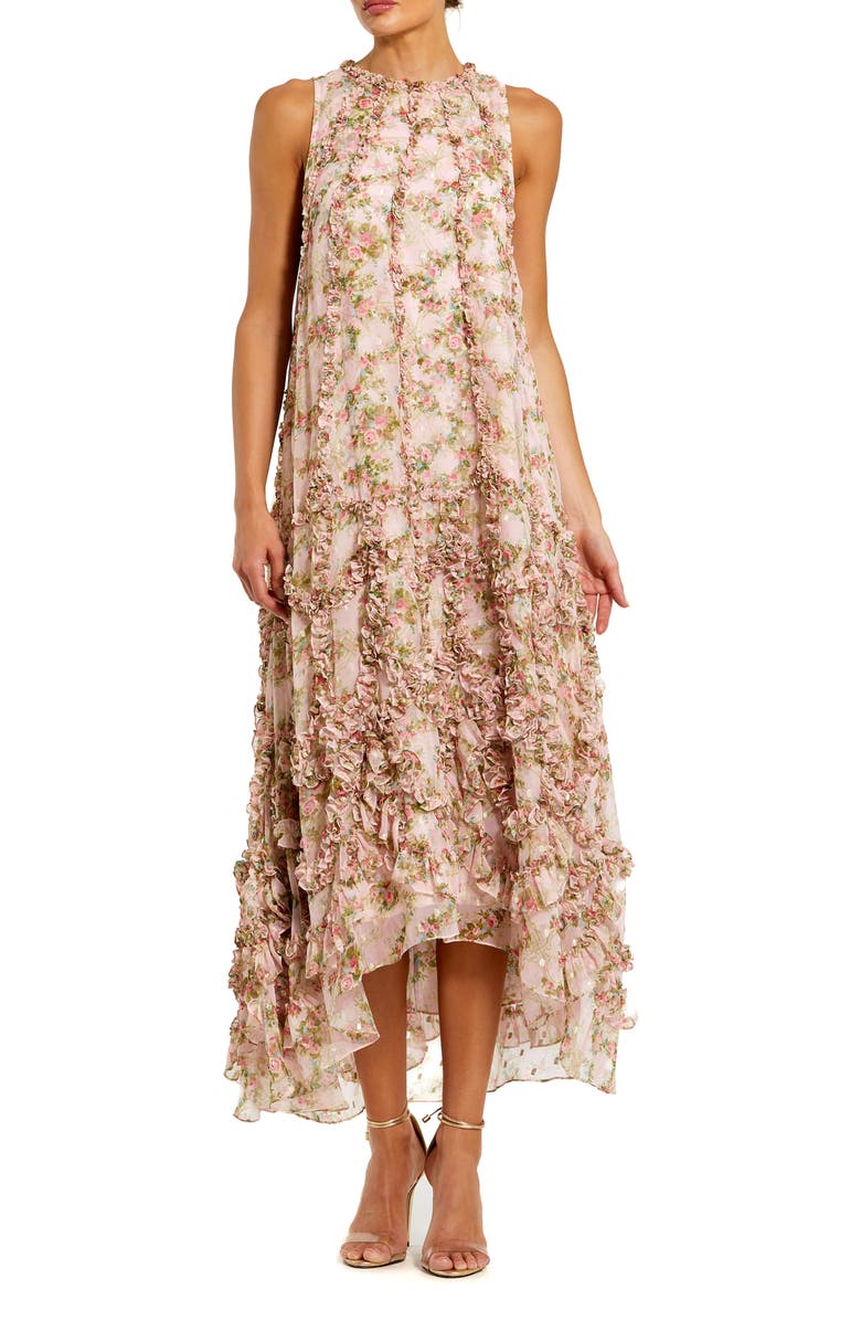 Mac Duggal Floral Ruffle High Neck Chiffon Midi Dress, Main, color, Pink Multi