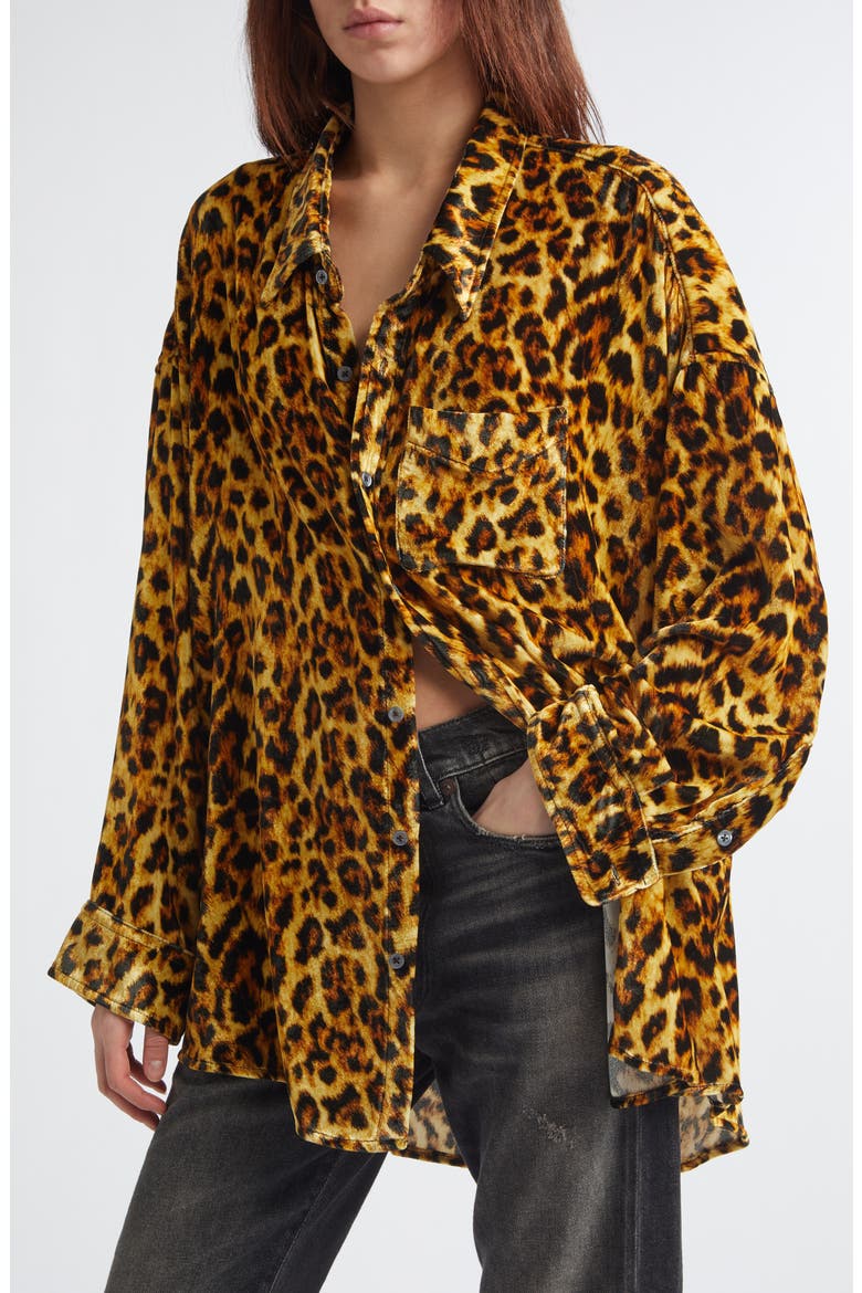 Leopard Print Drop Neck Velvet Button-Up Shirt, Alternate, color, LIGHT BROWN LEOPARD