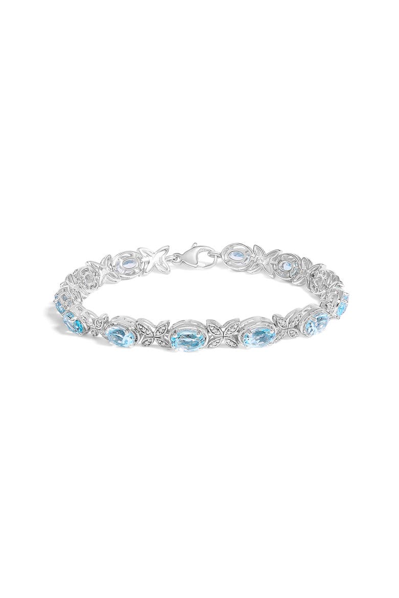 Silver Oval Blue Topaz Diamond Butterfly Link Bracelet -   Inches, Main, color, White