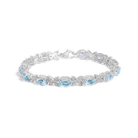 Silver Oval Blue Topaz Diamond Butterfly Link Bracelet -   Inches
