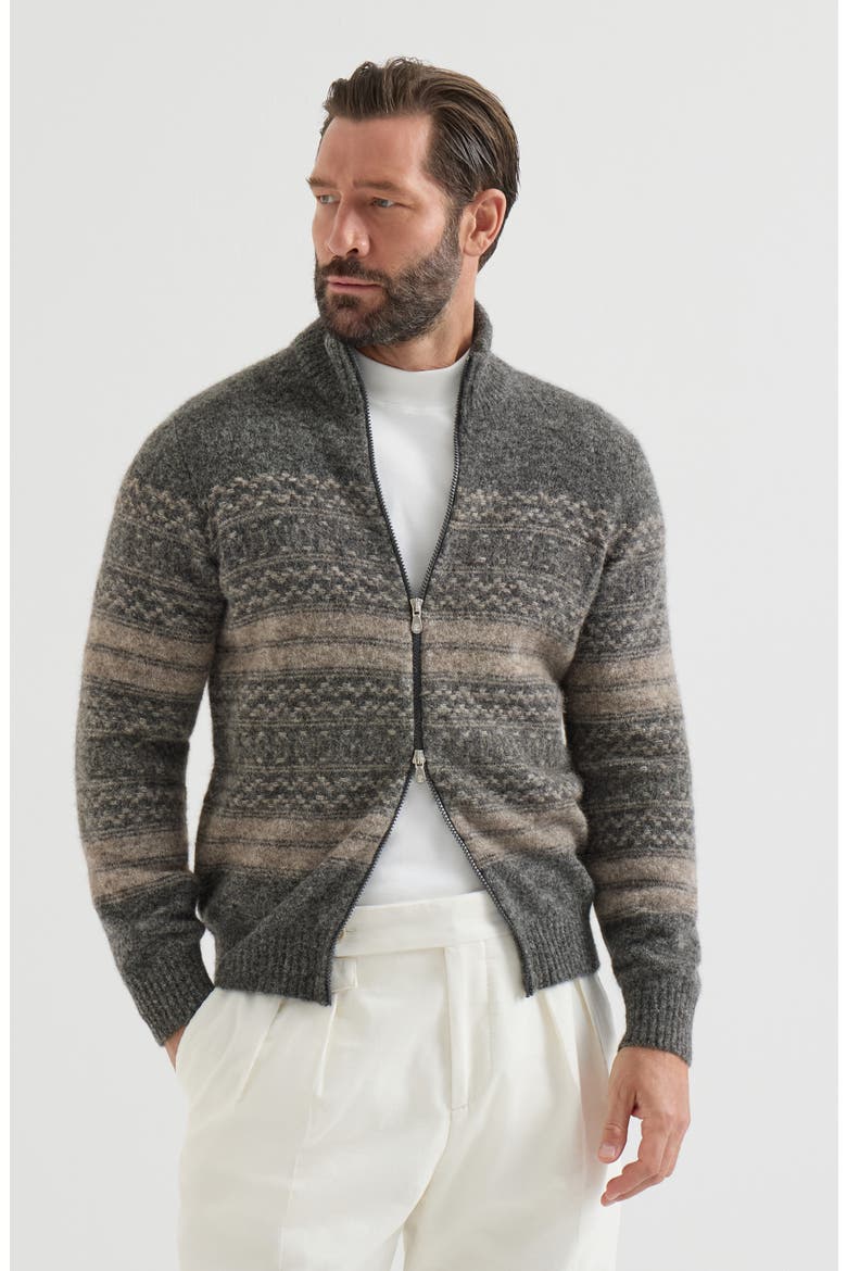 Alpaca, cashmere and wool nordic jacquard high-neck cardigan with zip, Main, color, Black