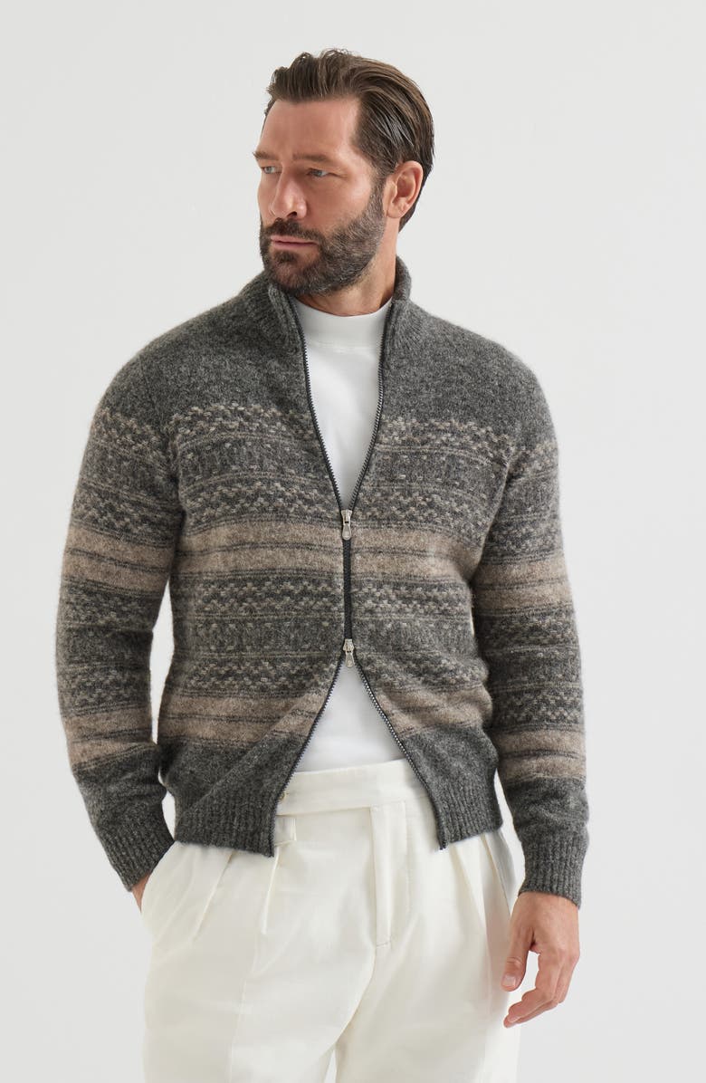 Brunello Cucinelli Alpaca, cashmere and wool nordic jacquard high-neck cardigan with zip, Main, color, Black