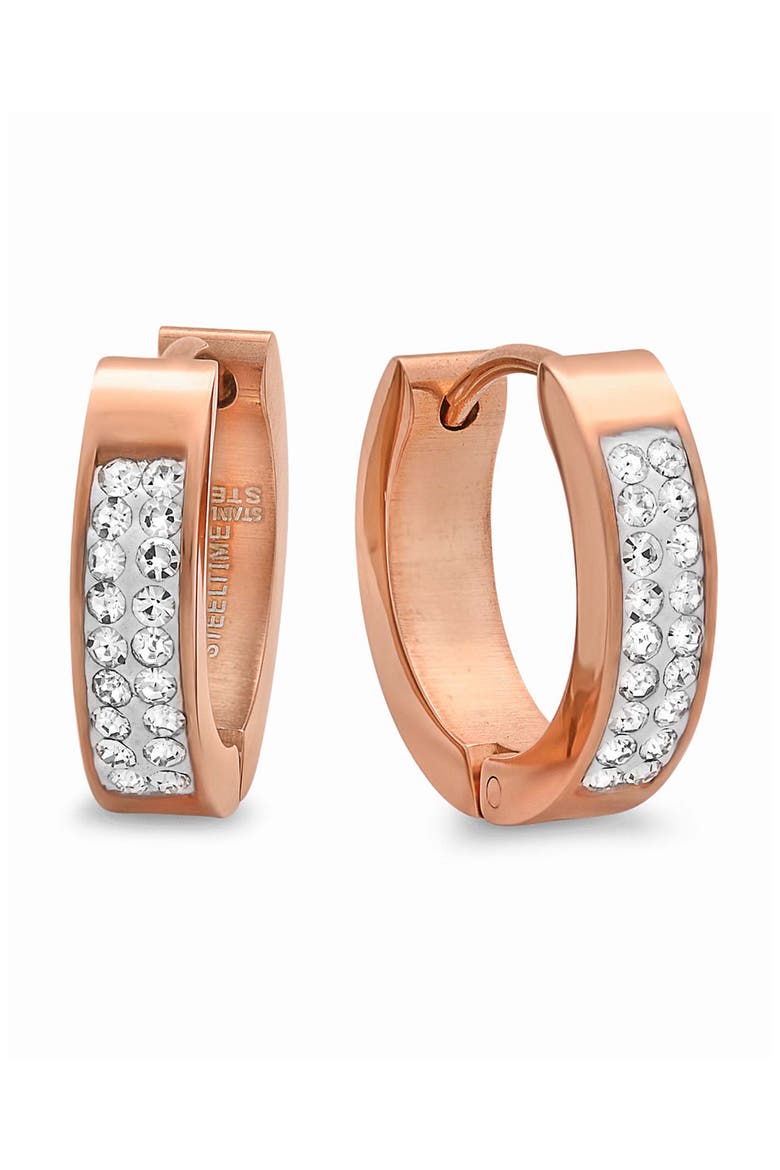 18k Gold Plated Crystal Huggie Hoop Earrings, Main, color, ROSE GOLD