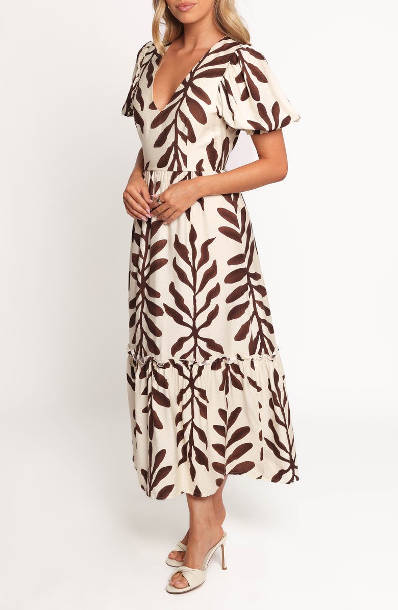 Petal & Pup Steele Puff Sleeve Tiered Midi Dress, Alternate, color, Brown Palm