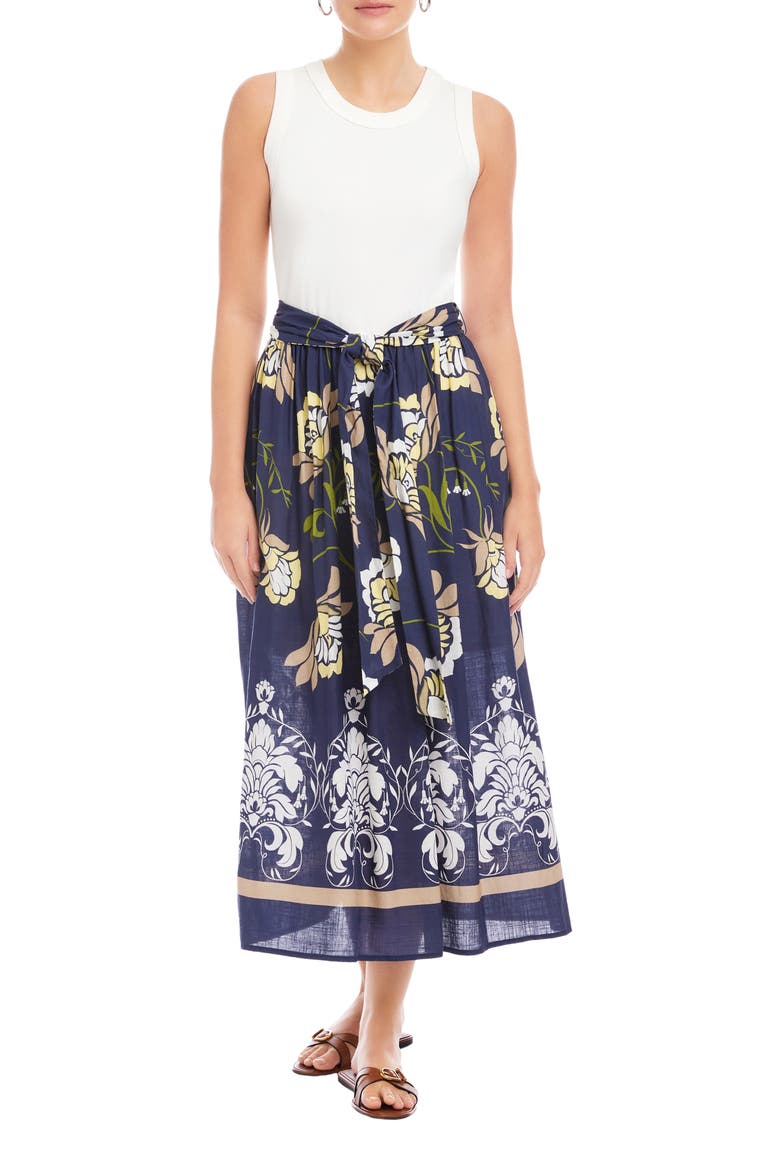 Seline Mixed Media Midi Dress, Main, color, NAVY W/ OFF WHITE