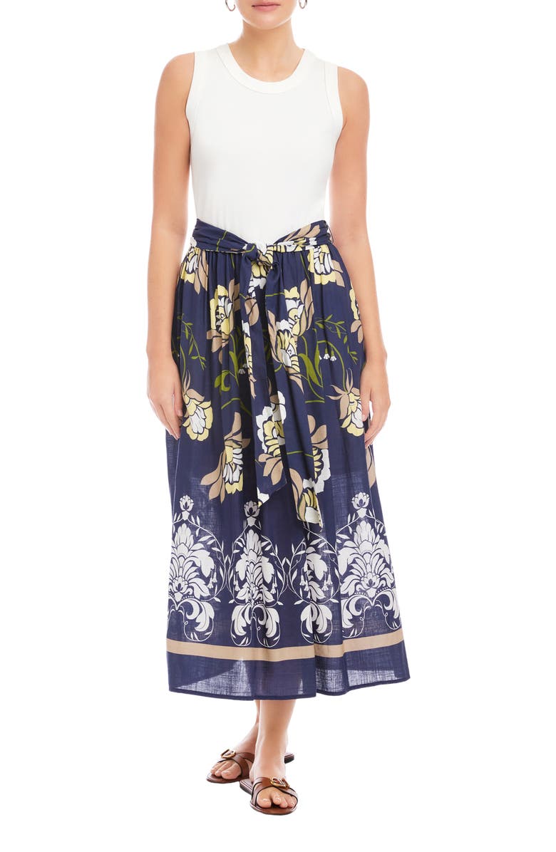 FIFTEEN TWENTY Seline Mixed Media Midi Dress, Main, color, Navy W/ Off White