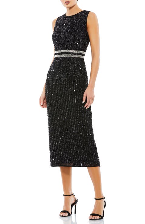 Sleeveless High Neck Beaded Midi Sheath Dress