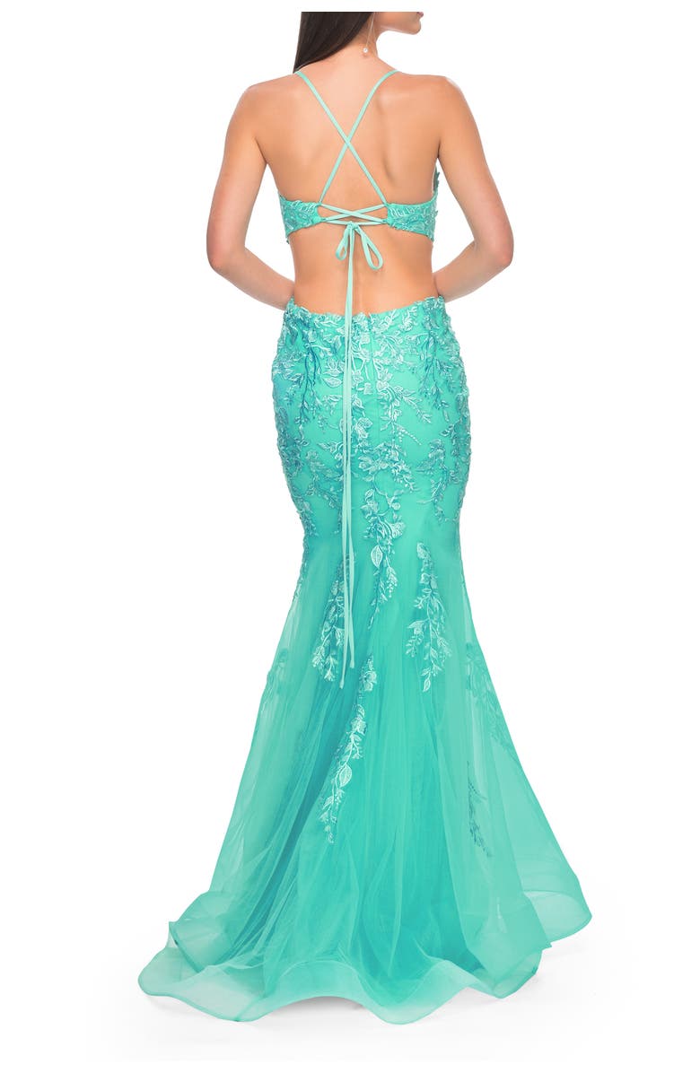 La Femme Lace and Tulle Mermaid Gown with Side Cut Outs, Alternate, color, Aqua