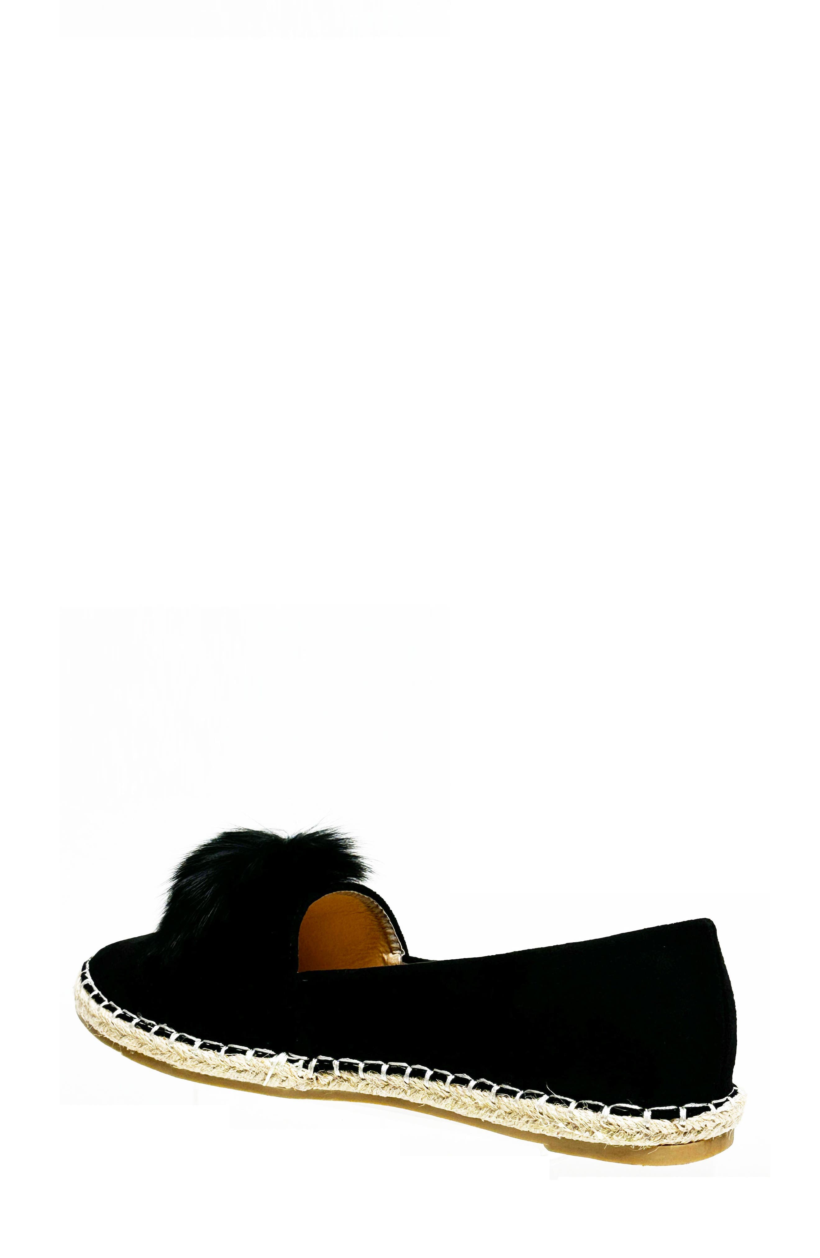 Faux Fur Pompom Espadrille Flat, Alternate, color, BLACK