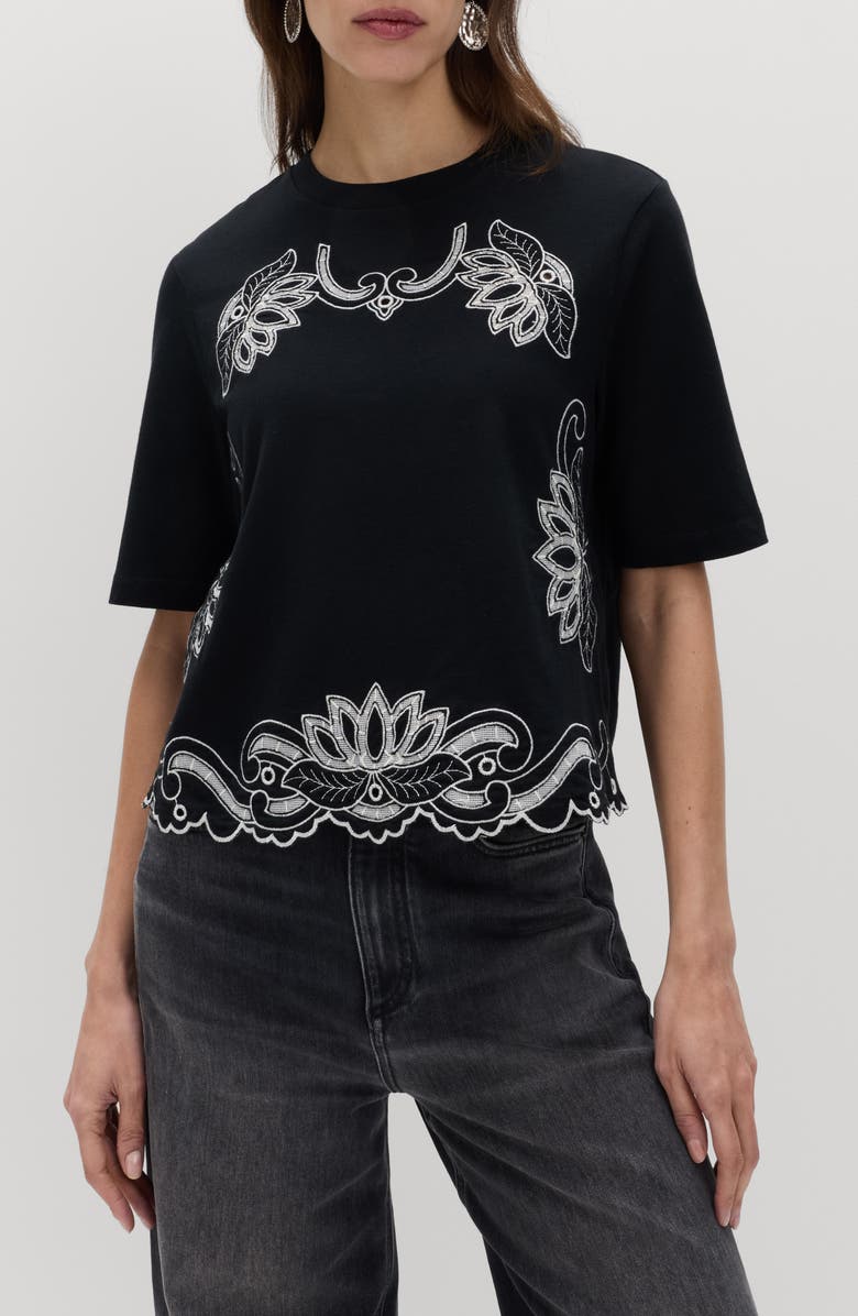 PER UNA BY M&S Pretty Cutwork Jersey T-Shirt, Main, color, Black