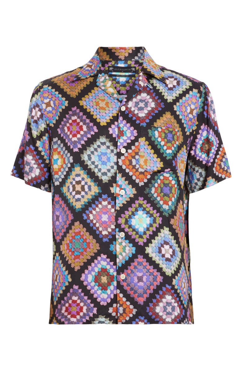 AllSaints Tunar Relaxed Fit Crochet Print Camp Shirt, Alternate, color, Jet Black