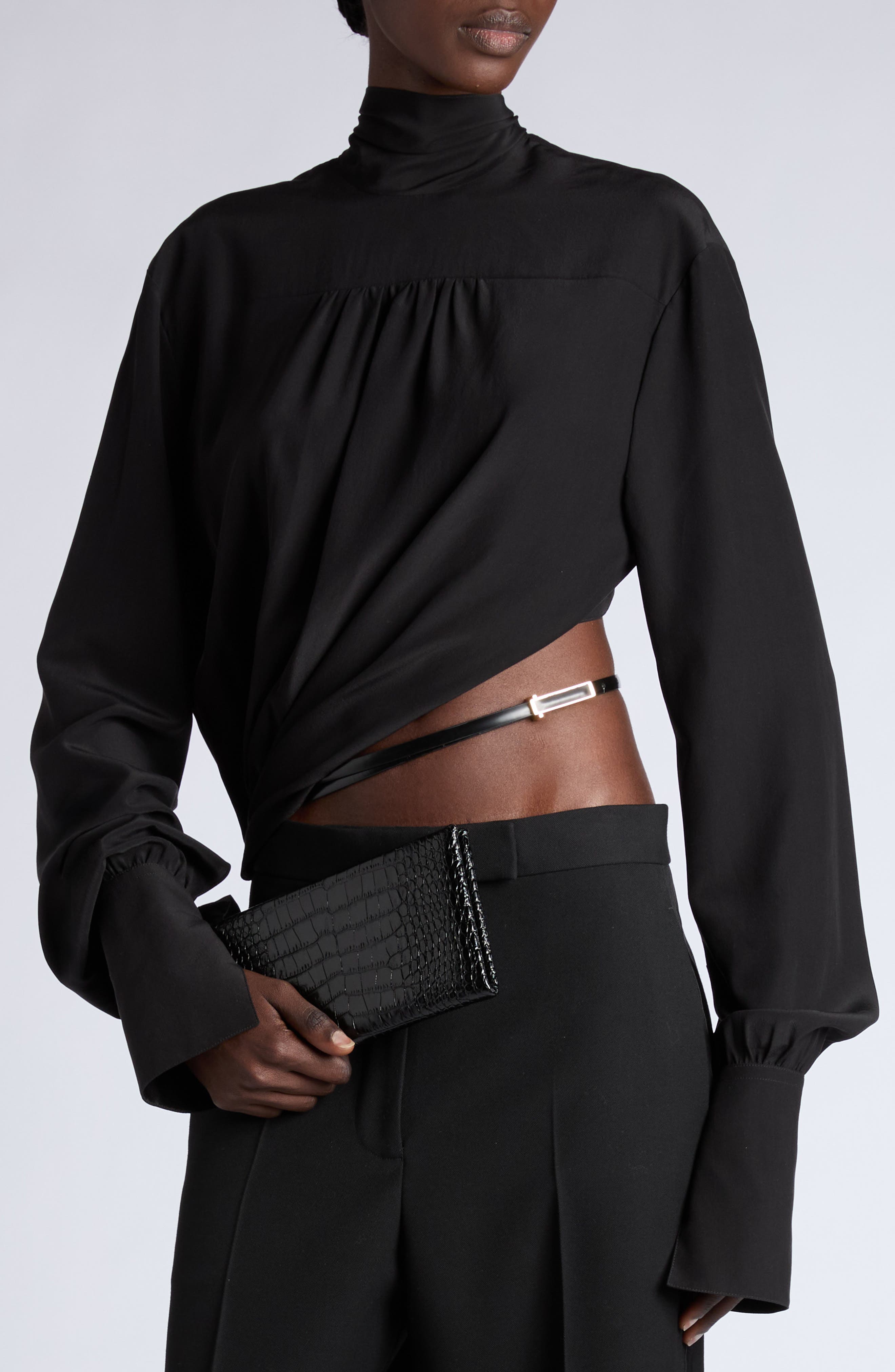 Croc Embossed Leather Clutch, Main, color, BLACK