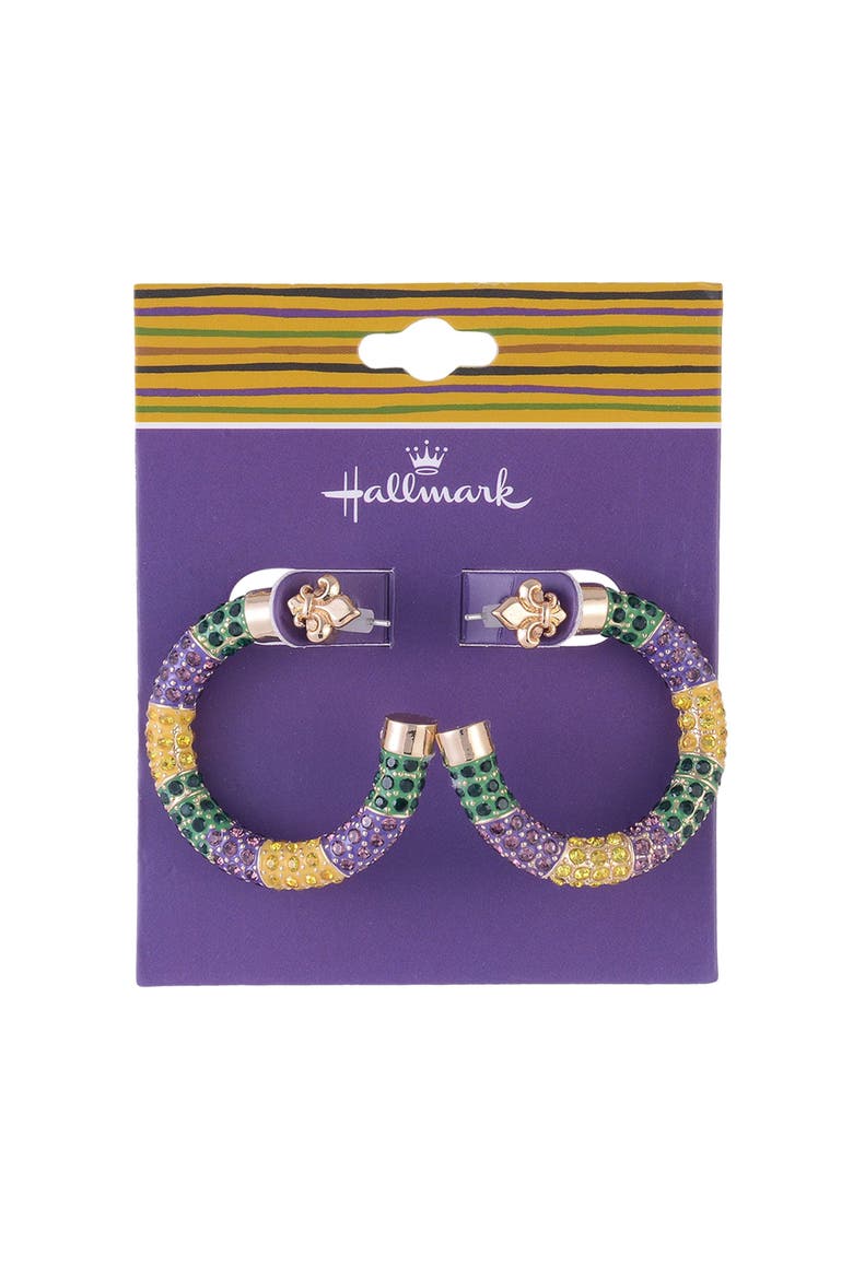 Mardi Gras Stone Hoop Earrings, Alternate, color, Purple