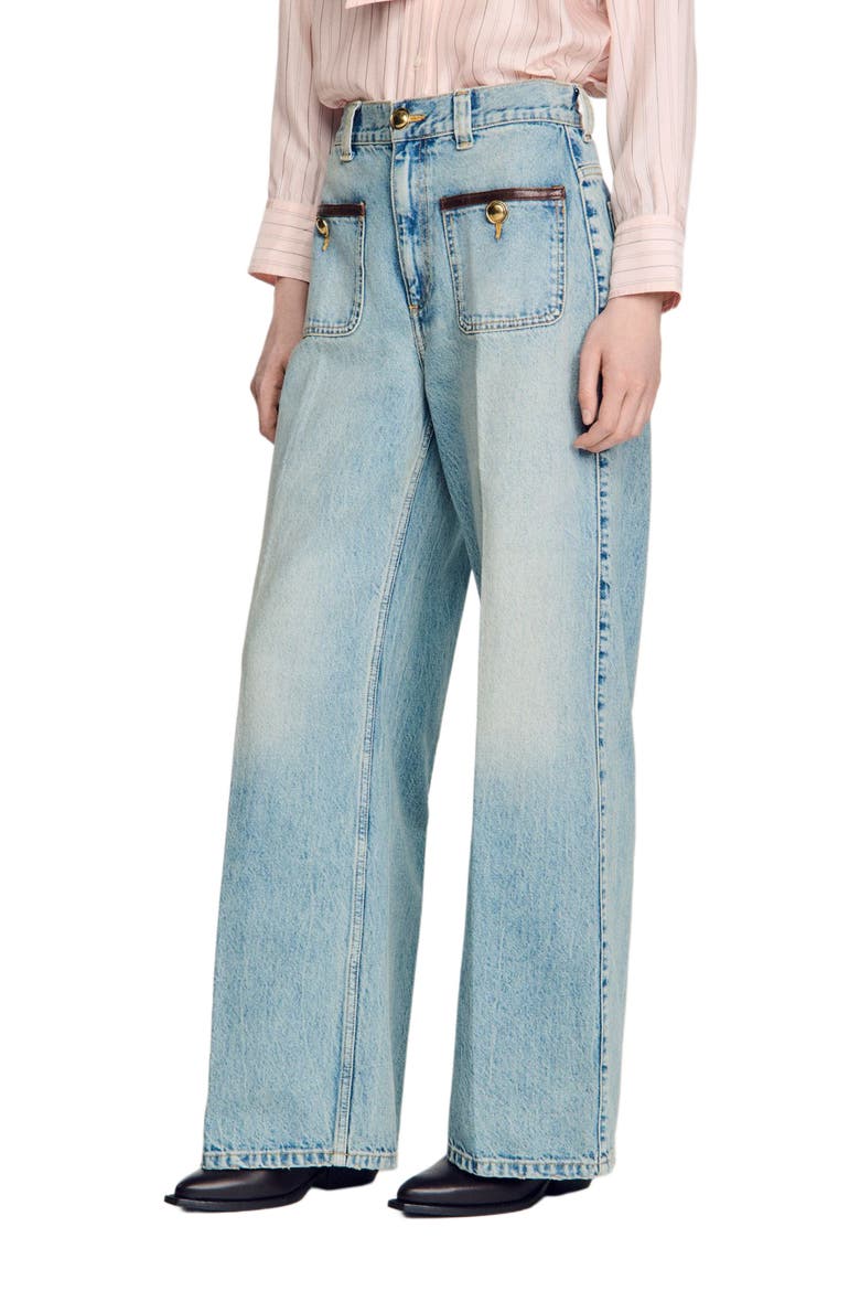 Straight-leg leather detail jeans, Alternate, color, Blue jean