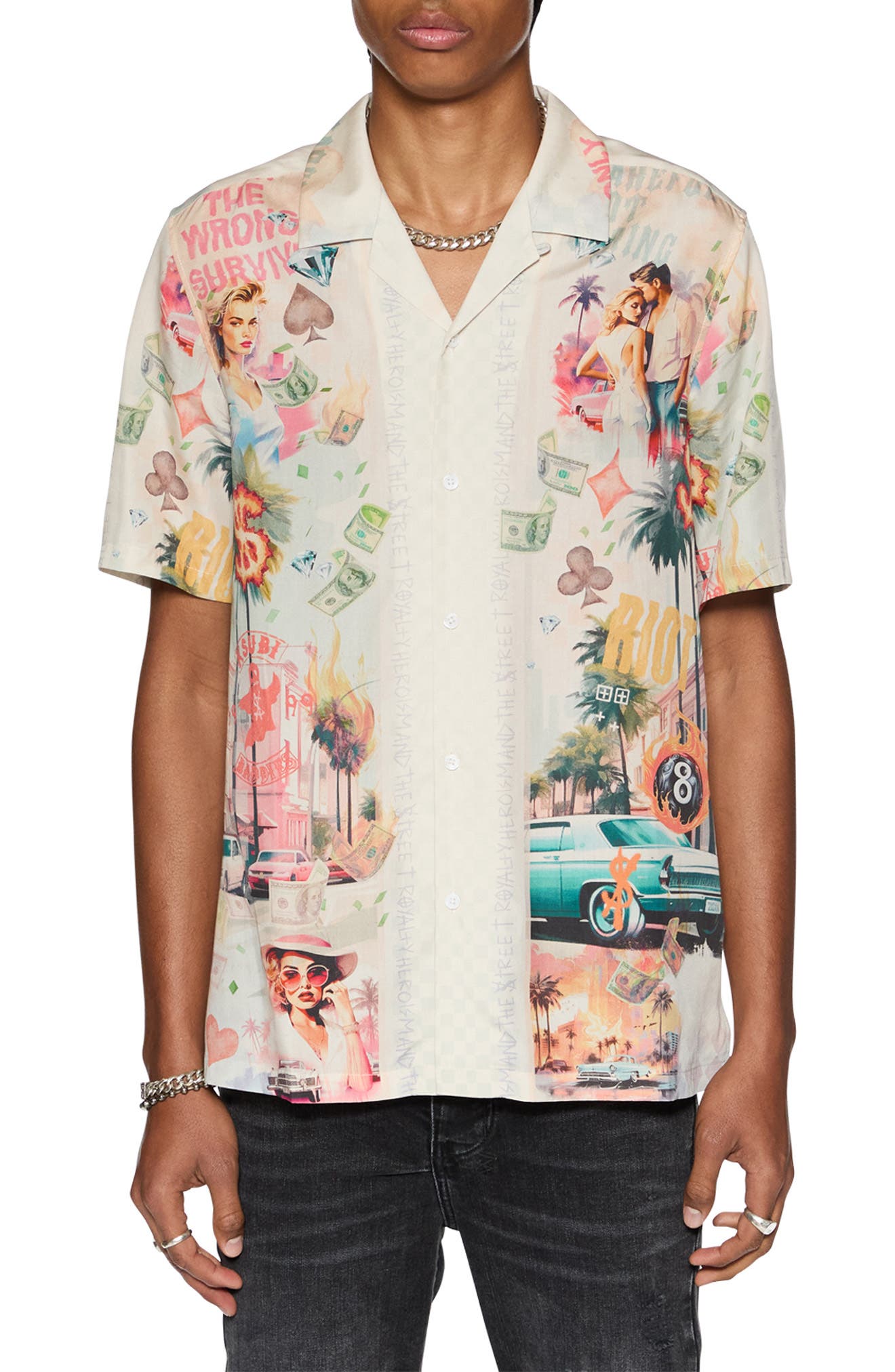 Ksubi World Order Resort Print Cotton Camp Shirt in Grey Multicolor 