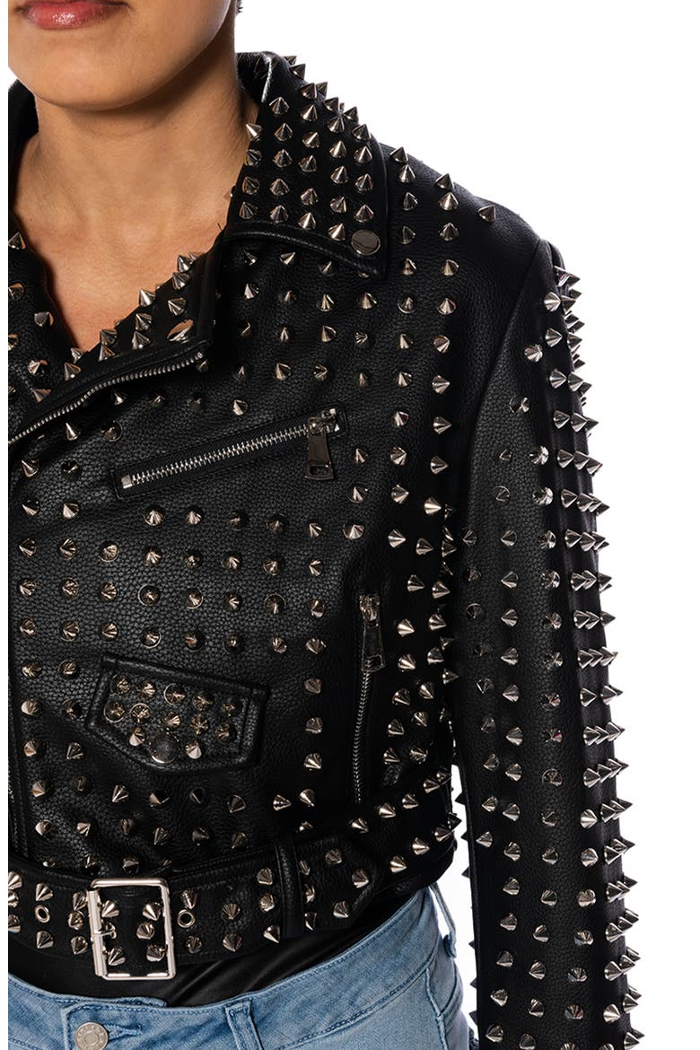 Studded Belted Faux Leather Moto Jacket, Alternate, color, BLACK
