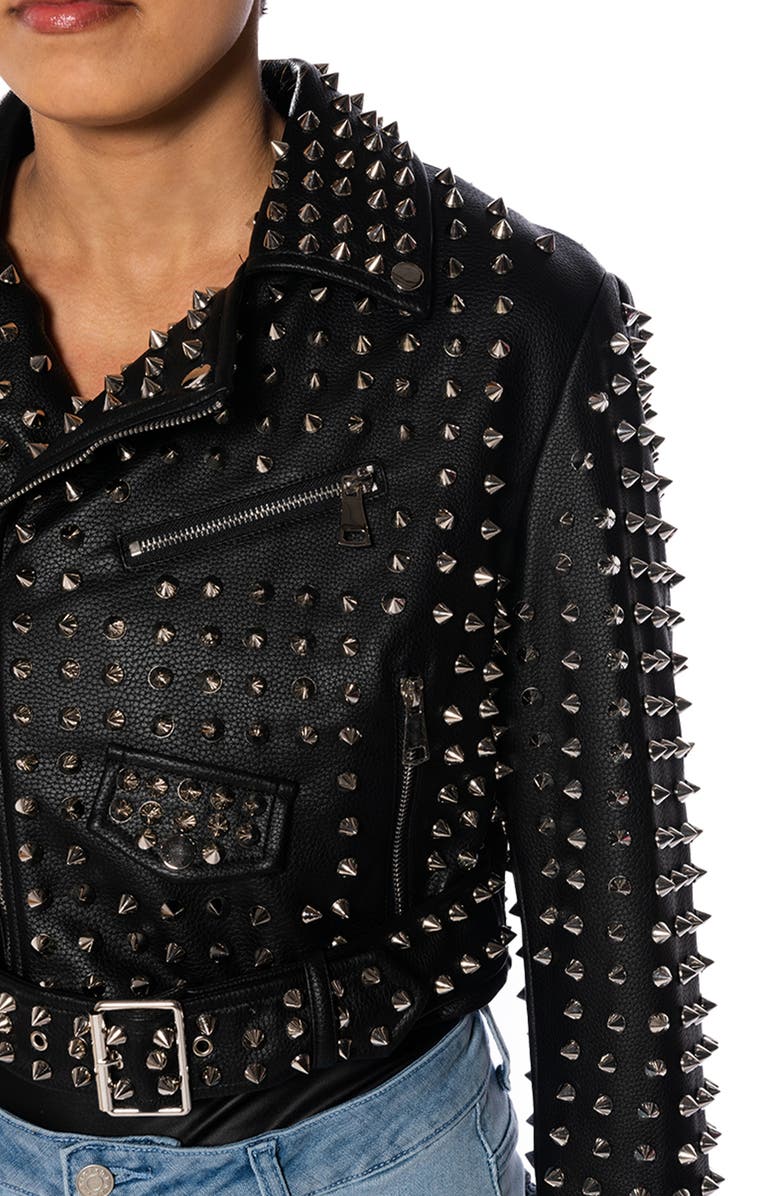 AZALEA WANG Studded Belted Faux Leather Moto Jacket, Alternate, color,