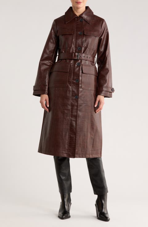 Croc Embossed Faux Leather Trench Coat