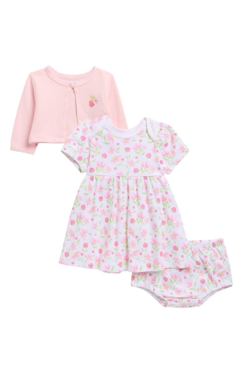 Little Me Strawberry Knit Dress, Cardigan & Bloomers Set, Main, color, Pink