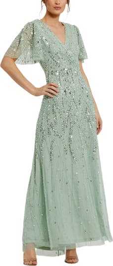 Mac Duggal Women's Embellished Flutter Sleeve Gown - Green - Size 6 - Sage