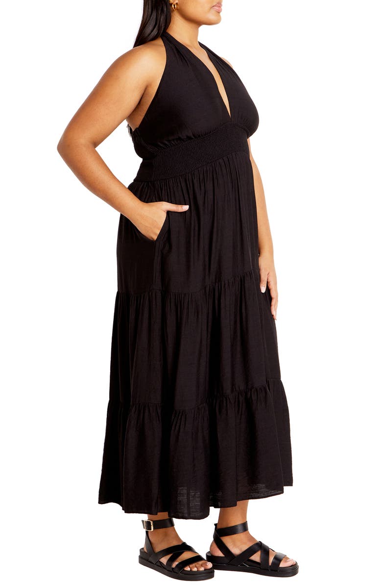City Chic Dallas Tiered Halter Midi Dress, Alternate, color, Black