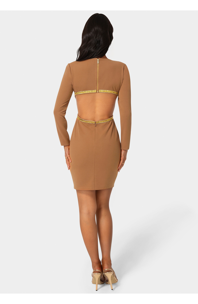 bebe Long Sleeve Open Back Midi with Rhinestone Trim, Alternate, color, Mocha Gold