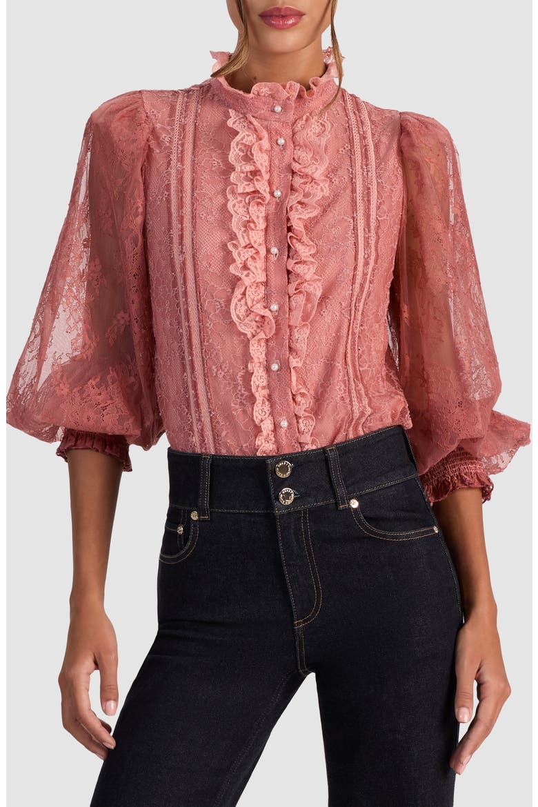 Eugenia Lace High Neck Button-Up Shirt, Main, color, BOHEMIAN ROSE